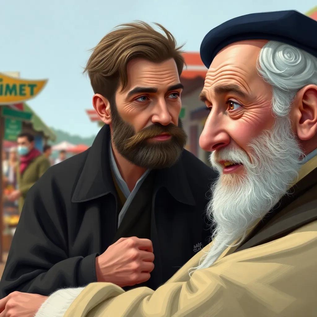 A close-up of Juha and the judge talking, with both looking amused, market stalls blurred in the background, colorful digital art, detailed expressions, high quality