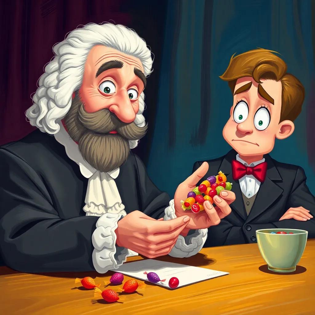 A humorous scene of the judge with candy in his hands, while Juha looks puzzled, bright and playful digital art, exciting atmosphere, high quality