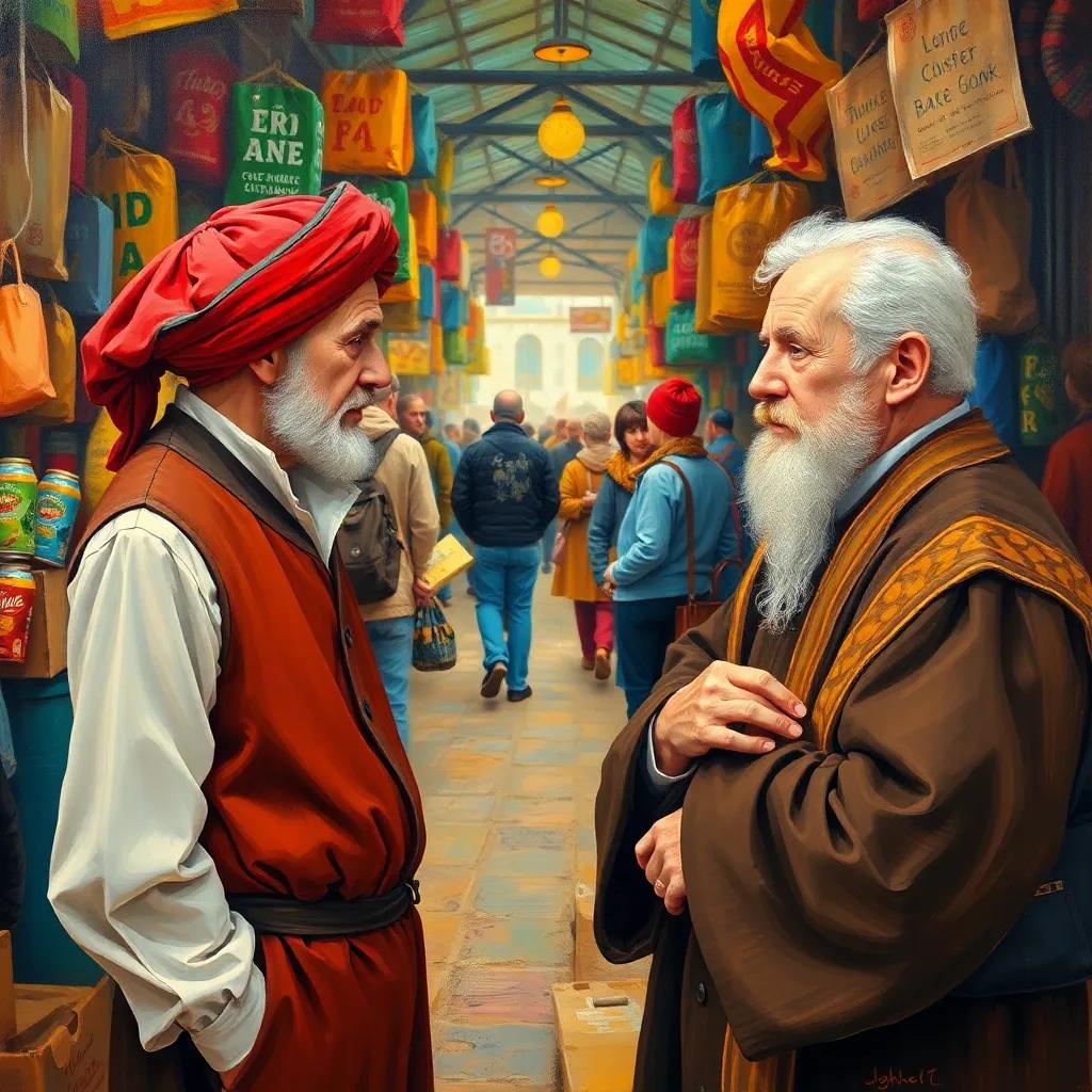 Juha giving a wise lesson to the judge, both standing in the market looking serious, colorful background with shoppers, engaging and meaningful scene, warm colors, high quality