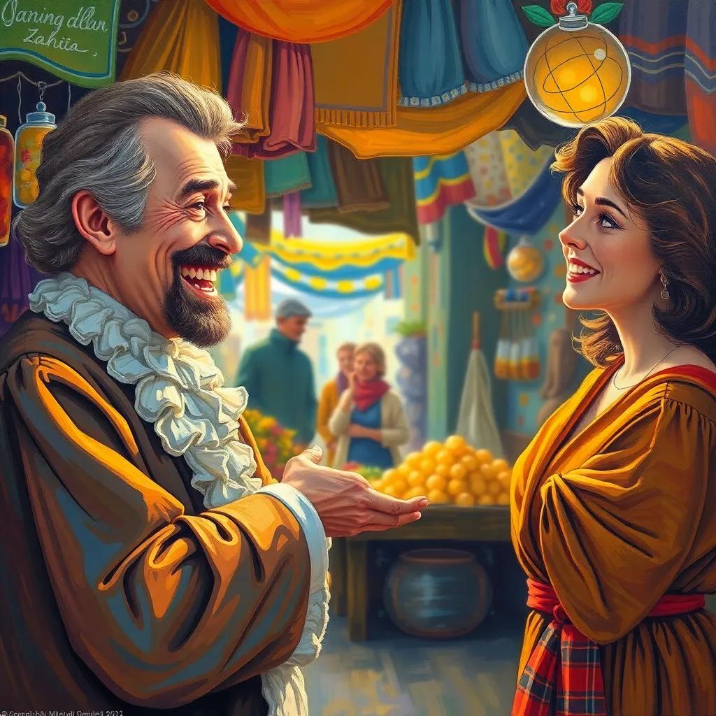 A joyful scene of the judge promising to be honest, with Juha smiling, colorful market environment, an uplifting happy ending, warm light, high quality