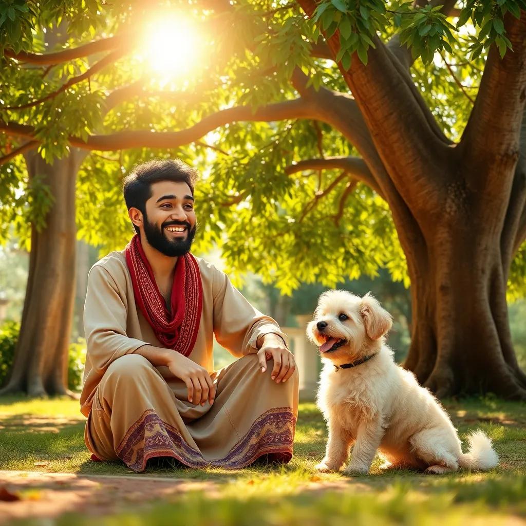 A joyful scene of Juha, a clever Middle Eastern man with a bright smile and Turkish pants, sitting under a large tree talking to his playful dog Karkar, a fluffy, small dog with light brown fur, with bright sunlight filtering through the leaves, cheerful atmosphere, digital art, vibrant colors, warm light, high quality