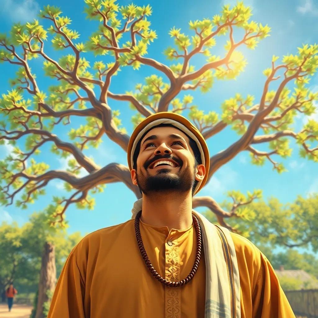 A sunny day with a large tree, featuring a cheerful man, Juha, with a traditional Arabic outfit, smiling and looking up at the blue sky, digital art, warm colors, inviting atmosphere, high quality