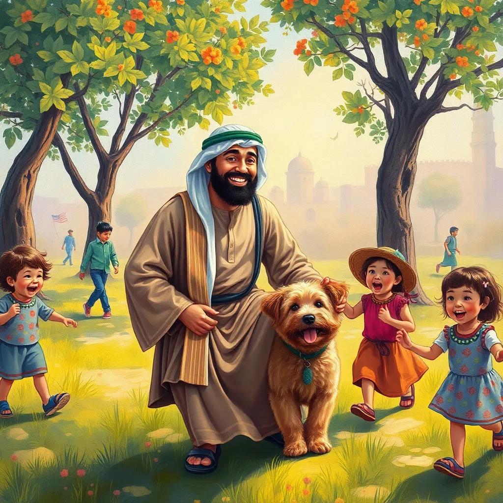 Juha, the cheerful man in traditional Arabic clothes, playing in a park with a small brown dog, Karkar, surrounded by joyful children playing, colorful illustrations, bright atmosphere, high quality