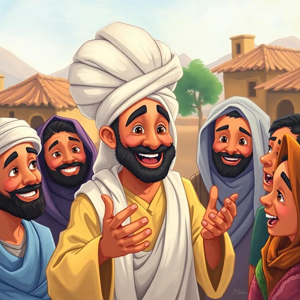 Juhah, a cheerful Middle Eastern man wearing a big white turban, surrounded by friends in a village, telling a story with animated gestures, cheerful faces, colorful surroundings, illustration, lively, child-friendly, warm light