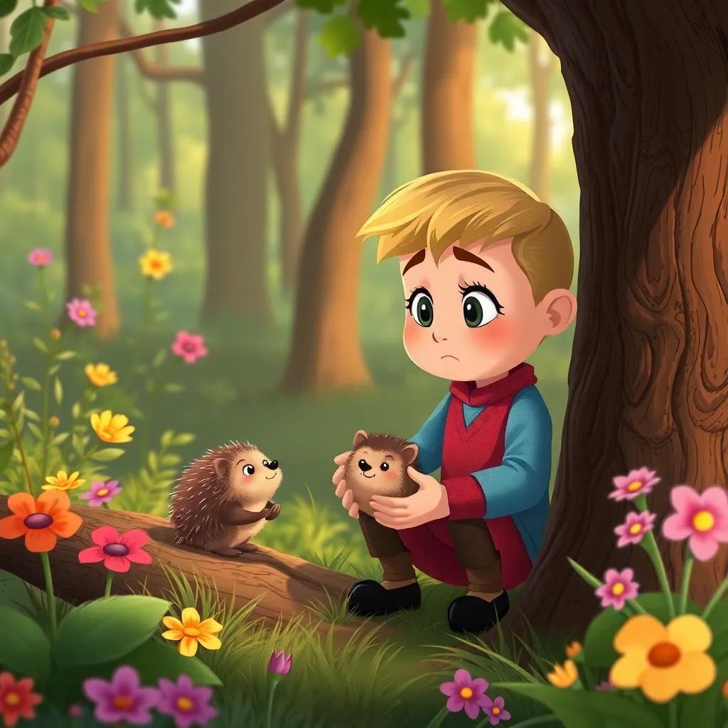 Juha helping a small hedgehog stuck in a tree, Juha with a concerned expression, forest background with vibrant plants and flowers, illustrative style, warm colors