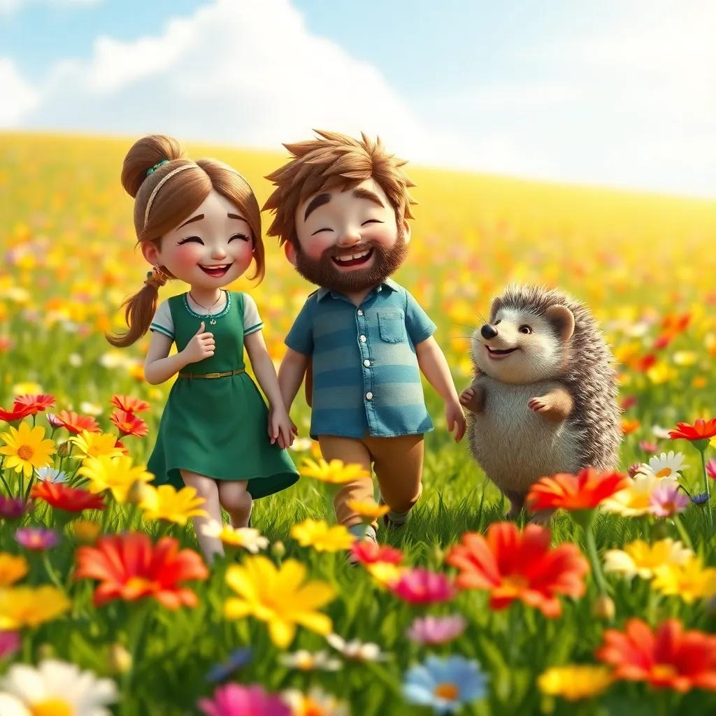 Juha, Karker, and the hedgehog walking together in a colorful field of bright flowers, laughing and chatting, joyful ambiance, sunny day, whimsical style