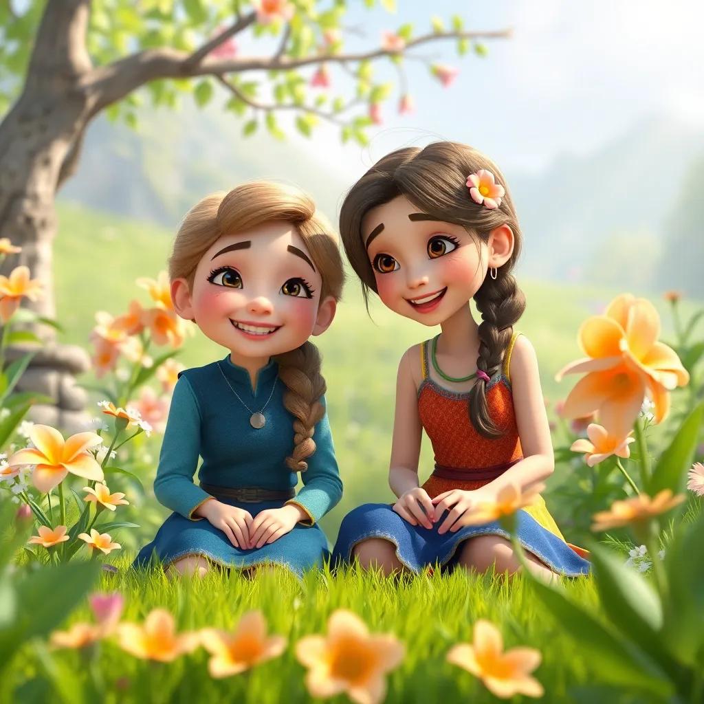 Juha smiling at Karker, sitting in a beautiful natural setting with greenery, bright flowers, and a happy demeanor, character-focused, joyful imagery