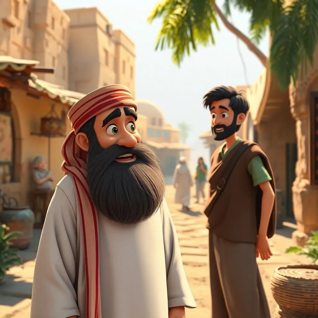 A lively village scene in the morning with lively characters, Juhah, a middle-aged Arab man with a long beard wearing a traditional thobe, talking with a friend, warm sunlight, cheerful atmosphere, casual setting, digital art, vivid colors, engaging composition, highly detailed
