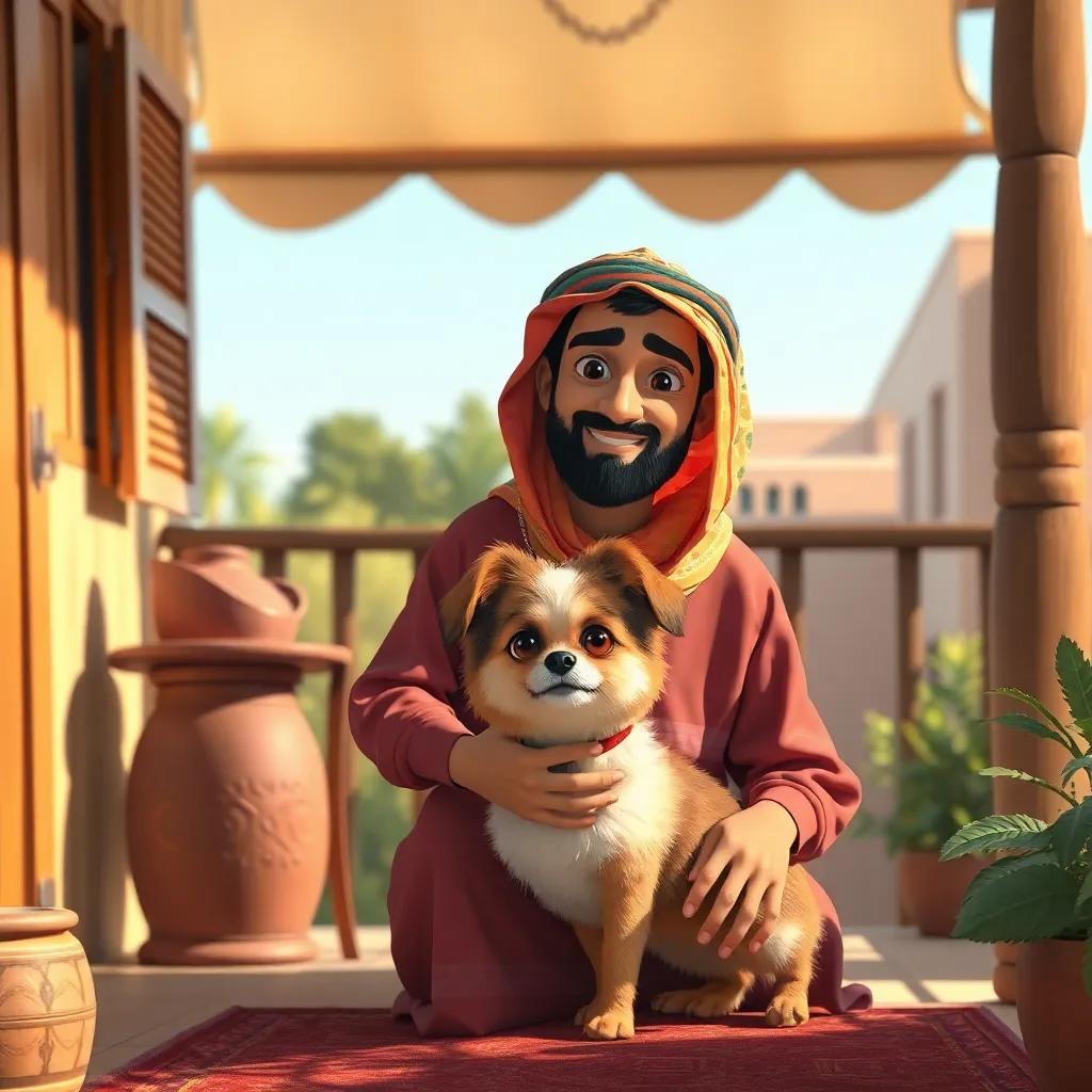 Juhah at home with his dog Karkar, a small fluffy dog with big eyes, Juhah wearing a colorful thobe near a shaded porch, sunny day, friendly and cozy atmosphere, digital illustration, bright tones, homely warmth