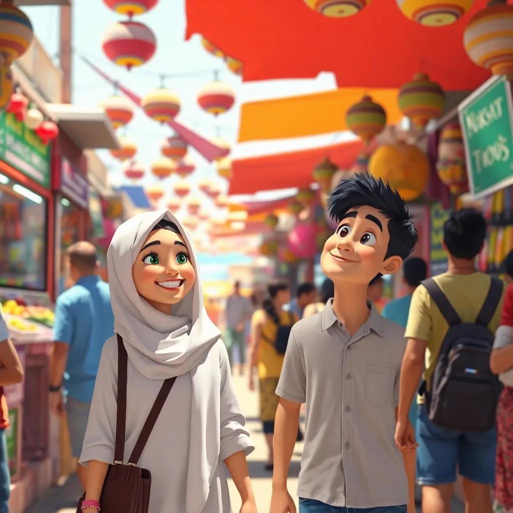 Juhah and Karkar walking through a vibrant market filled with lively stalls, Juhah smiling, people looking curious, Karkar looking up at Juhah, sunny day, bustling scene, colorful and cheerful, sharp focus