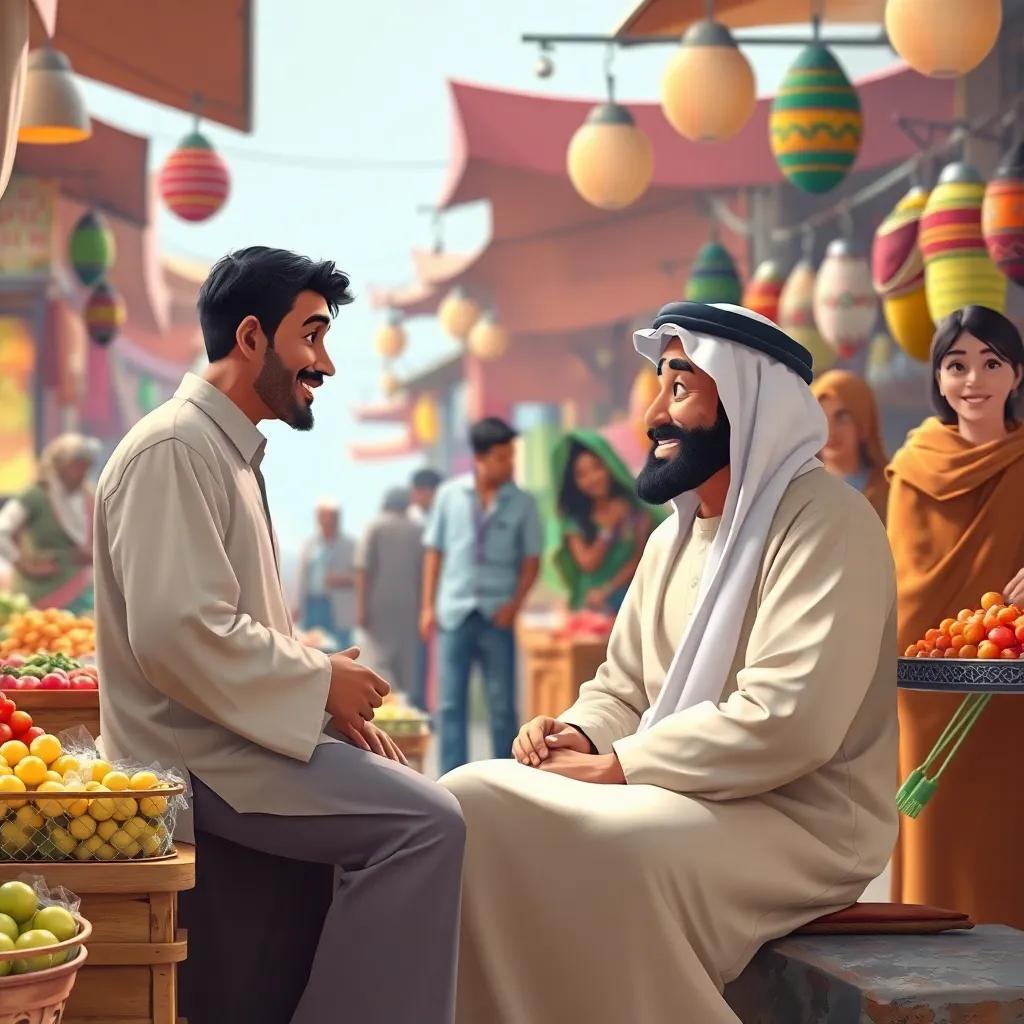 Juhah talks to a market vendor, a friendly Arab man wearing a traditional garment, Karkar sitting beside, other vendors and shoppers smiling, bright market colors, inviting setting, digital art, lively and engaging scene, detailed