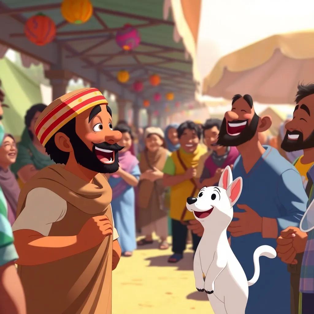 A crowd laughing at Juhah's joke in the market, Juhah animatedly telling a story, Karkar beside him wagging his tail, vibrant expressions on people's faces, sunny market day, colorful atmosphere, illustration, joyful and fun