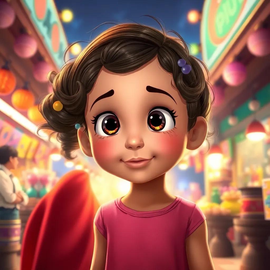 A little girl watching Juhah and Karkar with wide eyes, surrounded by market stalls, bright colors and warm light creating a magical moment, digital art, charming and vivid imagery, friendly atmosphere