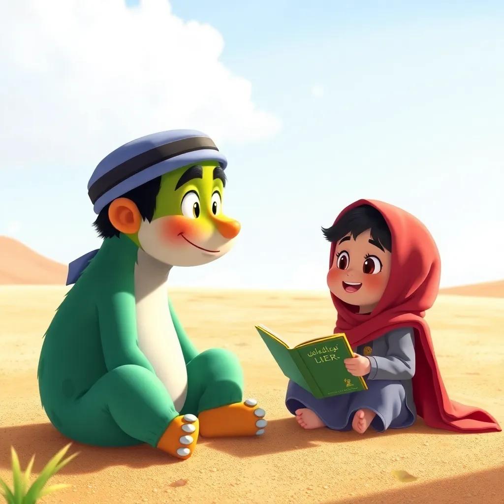 Karkar sitting on the ground, looking at Juhah with excitement as he prepares to tell a story, sunny day, warm and inviting, playful expressions, whimsical illustration, engaging depiction