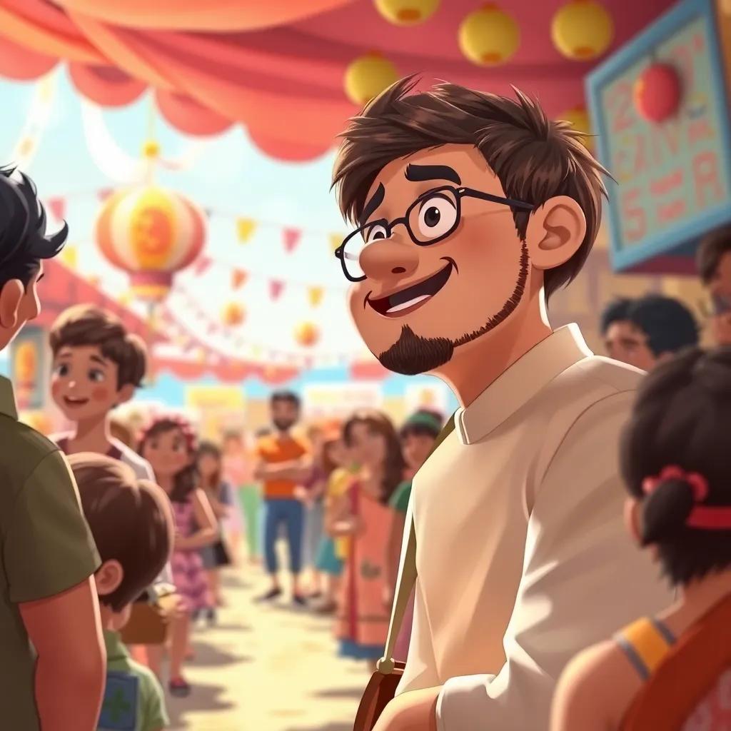 Juhah with all the market people listening with anticipation, Karkar looking quirky and lively, bright colorful backdrop, festival-like atmosphere, detailed painting, cheerful and joyful