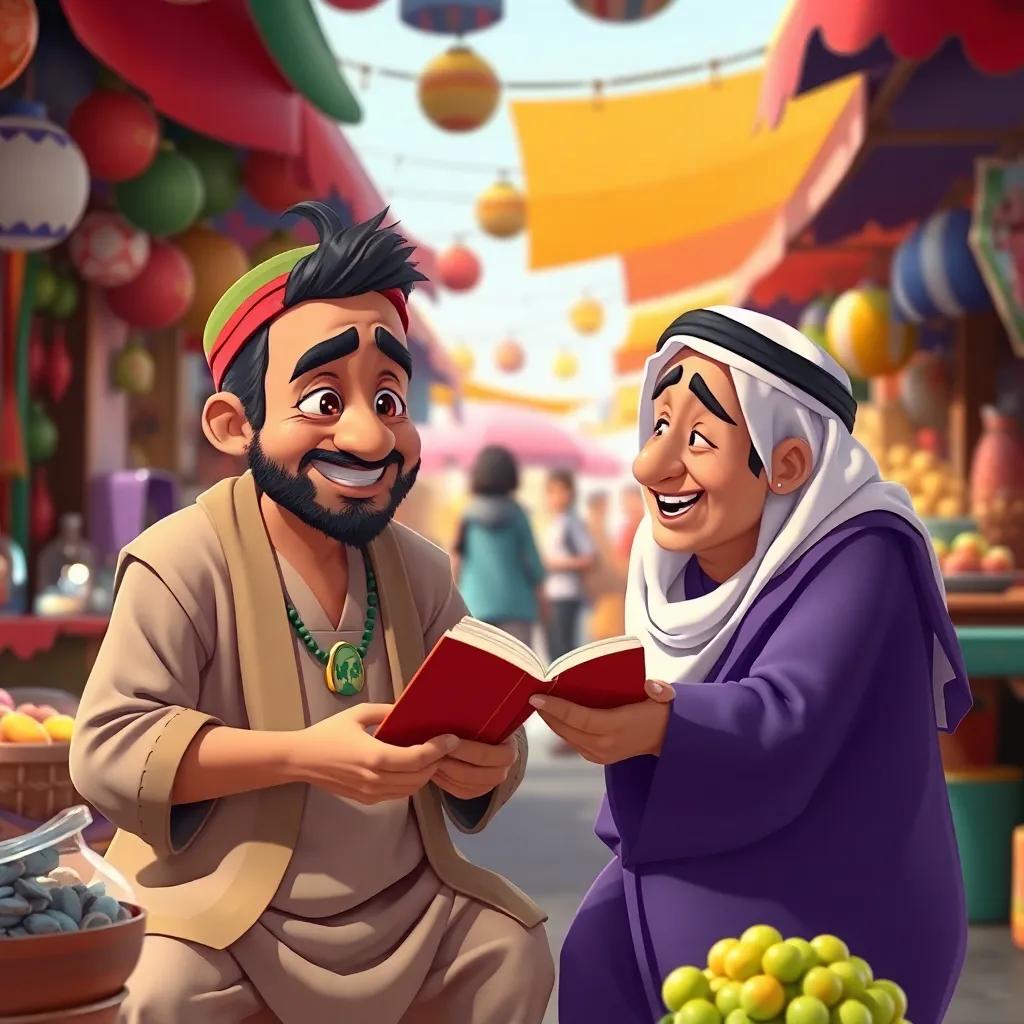 A humorous moment as Karkar begins to tell a story, with Juhah chuckling beside him, market setting bustling with life, vibrant colors, fun and lively essence