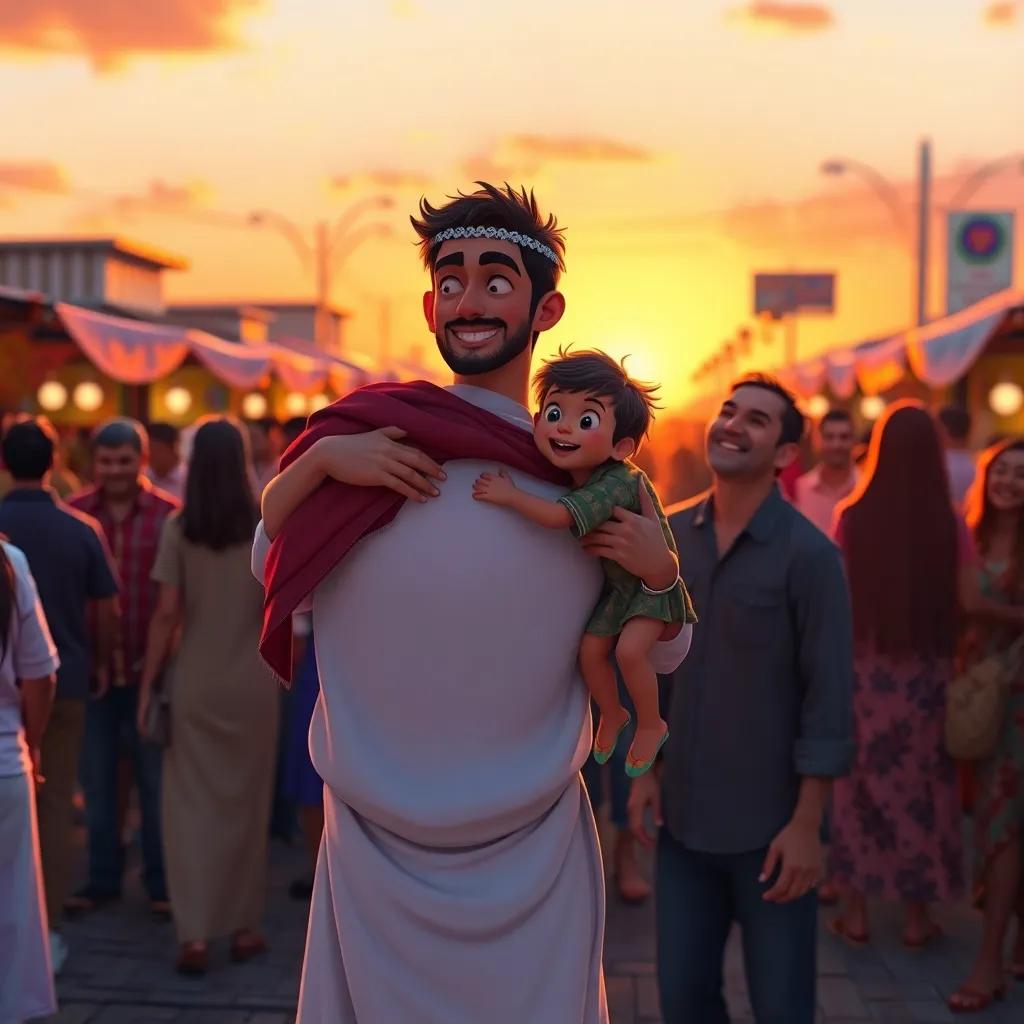 Juhah saying goodbye to the market crowd, holding Karkar in his arms, sunset reflecting warm colors, friends laughing together, heartwarming scene, vibrant digital art, uplifting mood