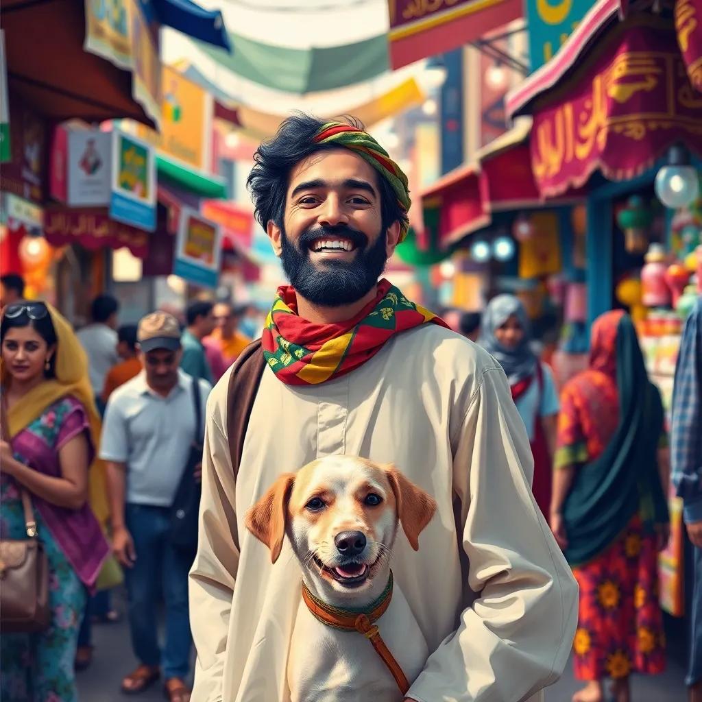 A joyful Arab man, Juha, wearing a simple tunic and a colorful scarf, looking for his dog in a busy market, surrounded by bustling people, markets, and colorful stalls, cheerful atmosphere, digital art, vibrant colors, heartwarming scene, high quality