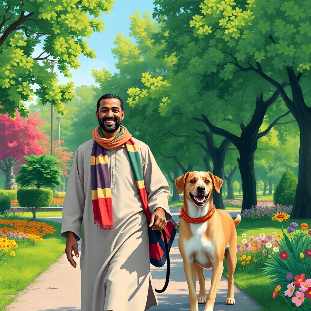 Juha, a joyful Arab man in a simple tunic and colorful scarf, walking with his dog Karkar in a beautiful park, lush green trees and colorful flowers around them, smiling and sharing a happy moment, illustration, bright and inviting colors, uplifting mood, high quality