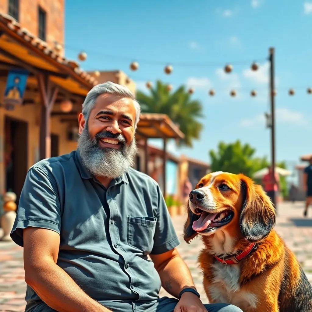 A cheerful scene in a village square with Juhah, a middle-aged man with a short beard, sitting with his dog, Karker, a friendly dog with floppy ears, smiling and enjoying the day, digital art, bright colors, warm atmosphere, engaging