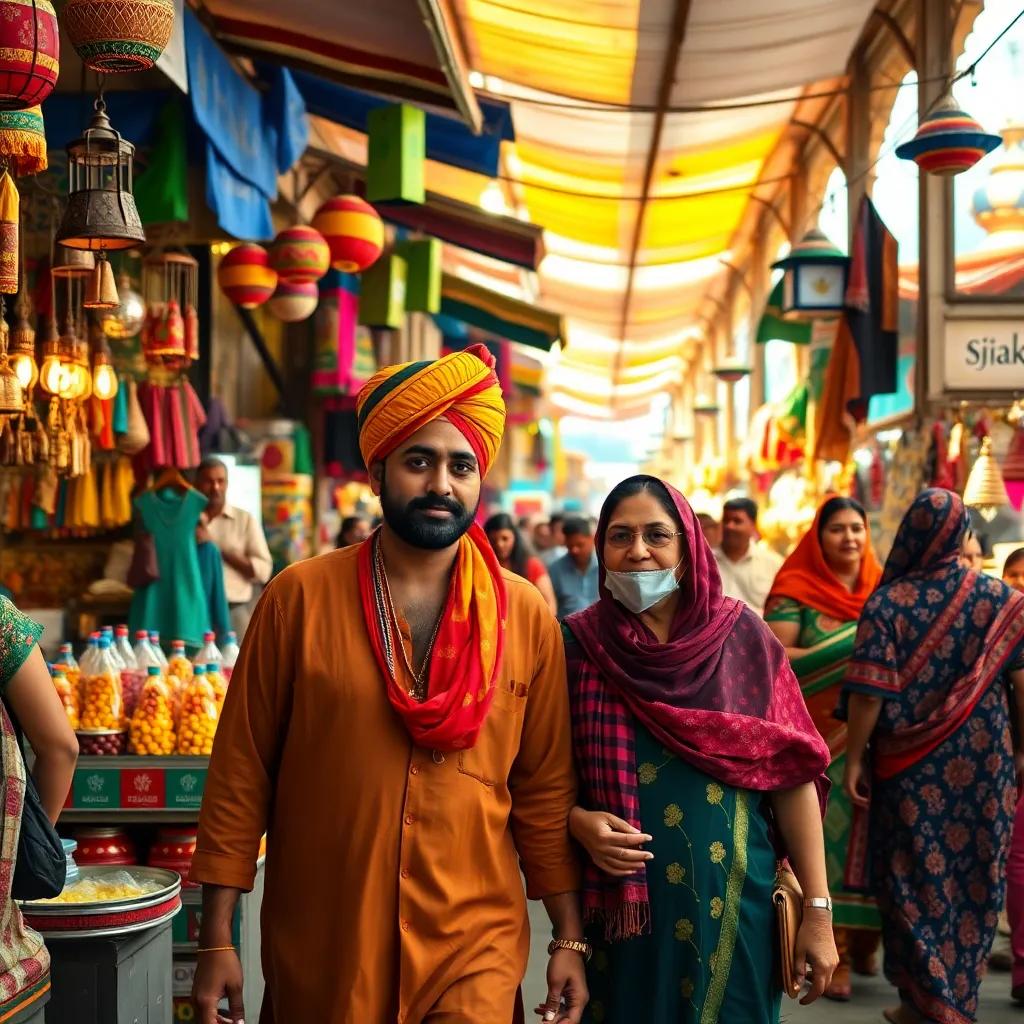 A bustling market scene with Juhah and Karker walking among various vendors, Juhah dressed in traditional clothing with a colorful turban, surrounded by colorful stalls and cheerful people, bright sunlight and lively colors