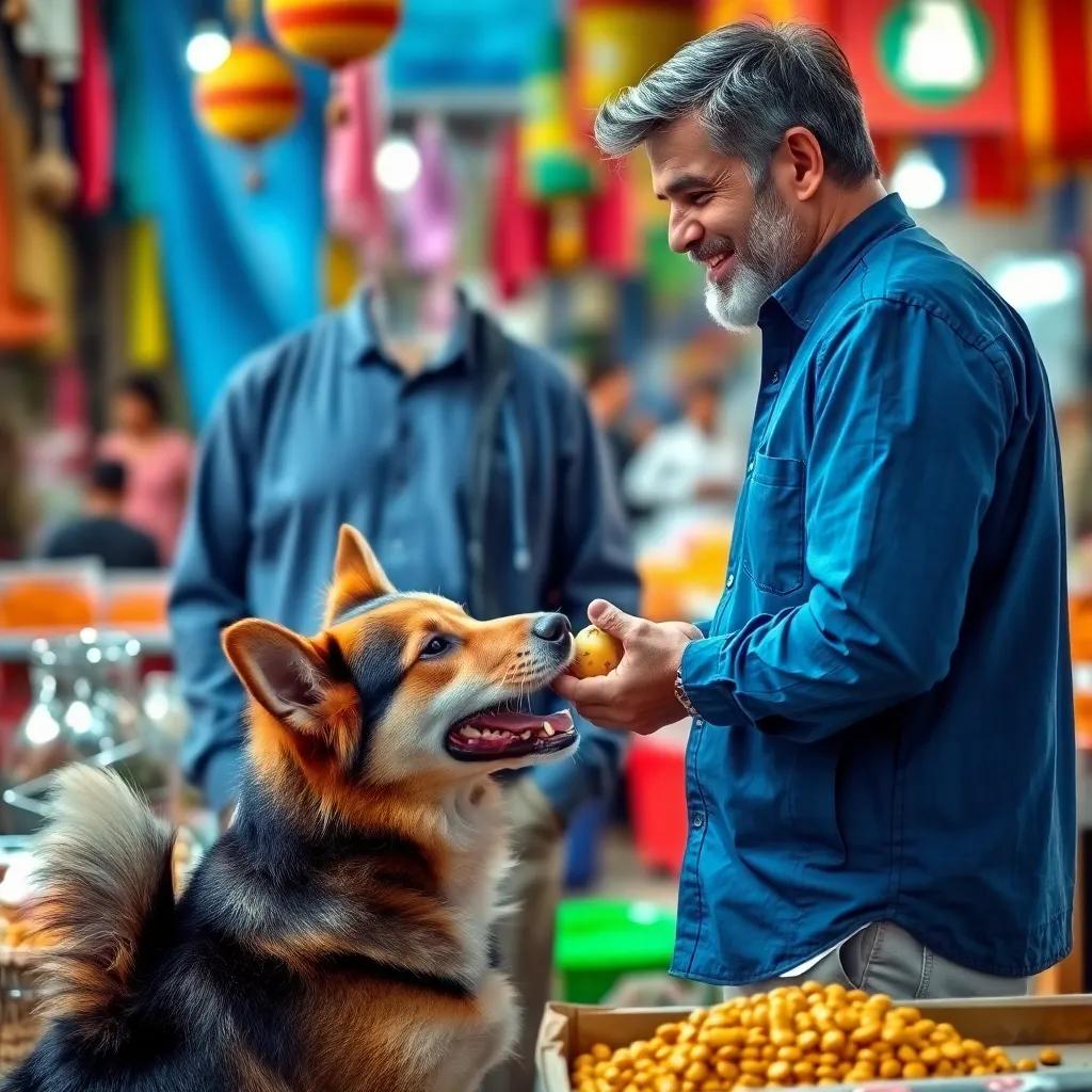 Juhah talking to a vendor, a middle-aged man with a friendly face, offering dog food while Karker looks excited with his tail wagging, a vibrant market background, colorful details