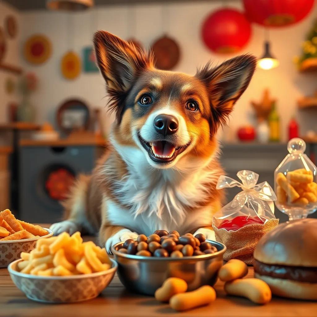 Karker looking excited about the dog food, with Juhah smiling and nodding, a playful atmosphere with delicious food items around, warm and inviting colors, joyful perspective