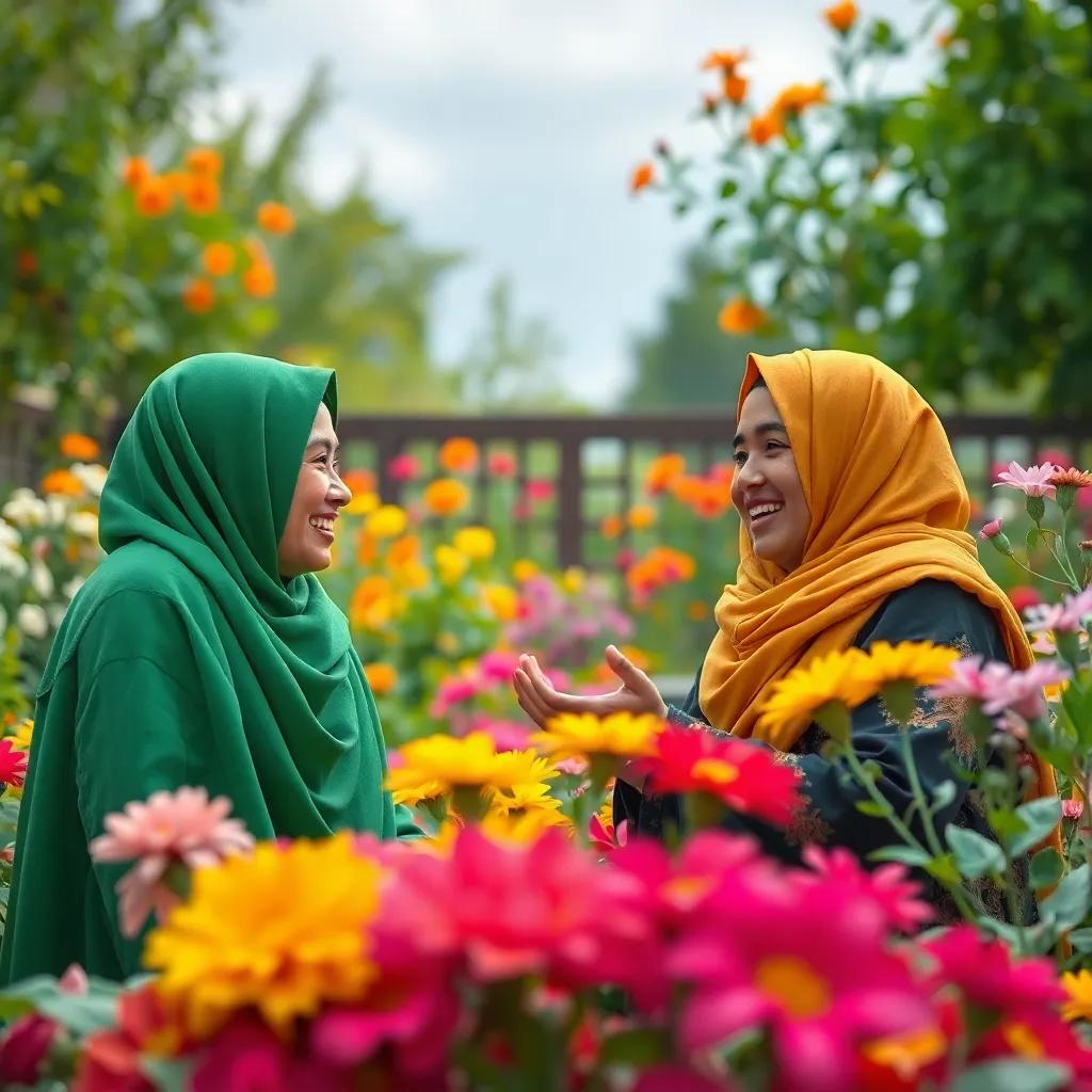 A lively discussion between Juhah and Karker, exploring ideas filled with joy, vivid garden background with flowers, digital art, lively and cheerful colors