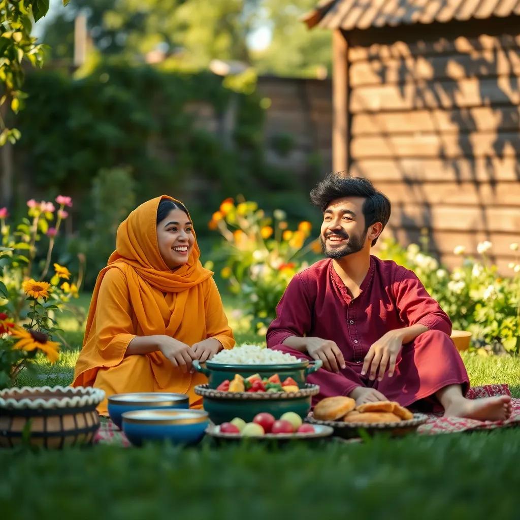 Juhah and Karker sitting happily in their garden, with food laid out in front of them, a sunny day filled with laughter and warmth, playful colors and inviting light