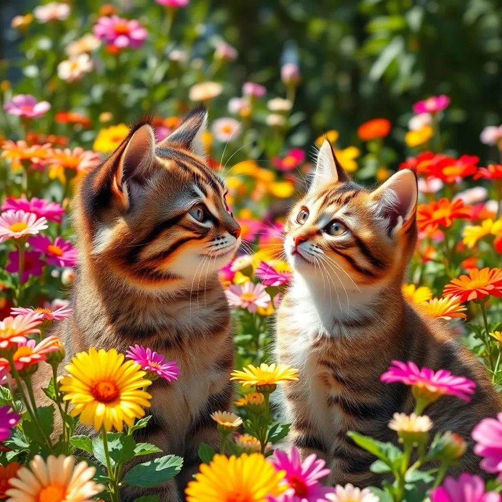 Karker talking to a curious cat, both looking playful, colorful flowers surrounding them, a cheerful garden setting, bright and sunny