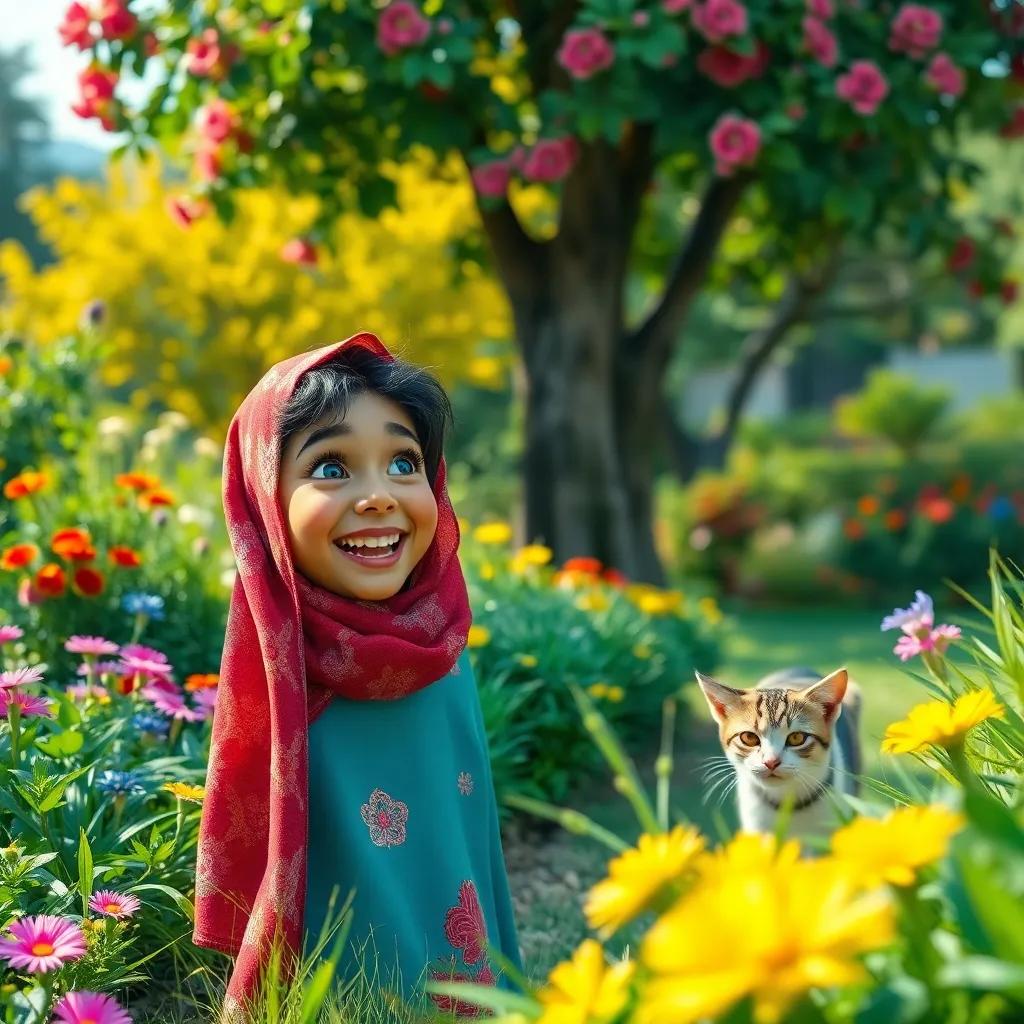A lively scene where Juhah laughs, looking at Karker, with the cat exploring behind, a vibrant garden with trees and flowers, cheerful and bright colors