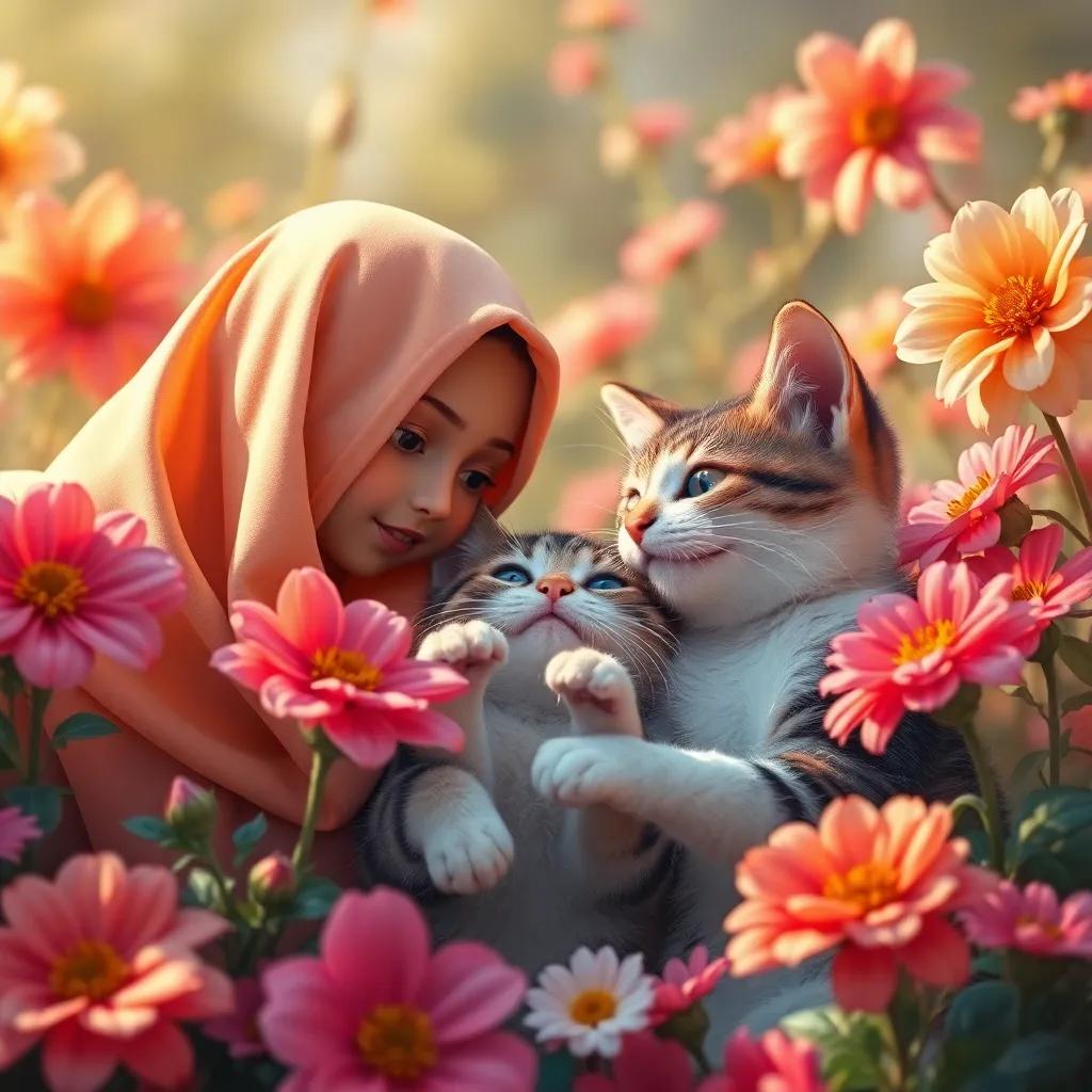 Juhah, Karker, and the curious cat interacting playfully, surrounded by bright flowers, digital painting, a warm and friendly atmosphere