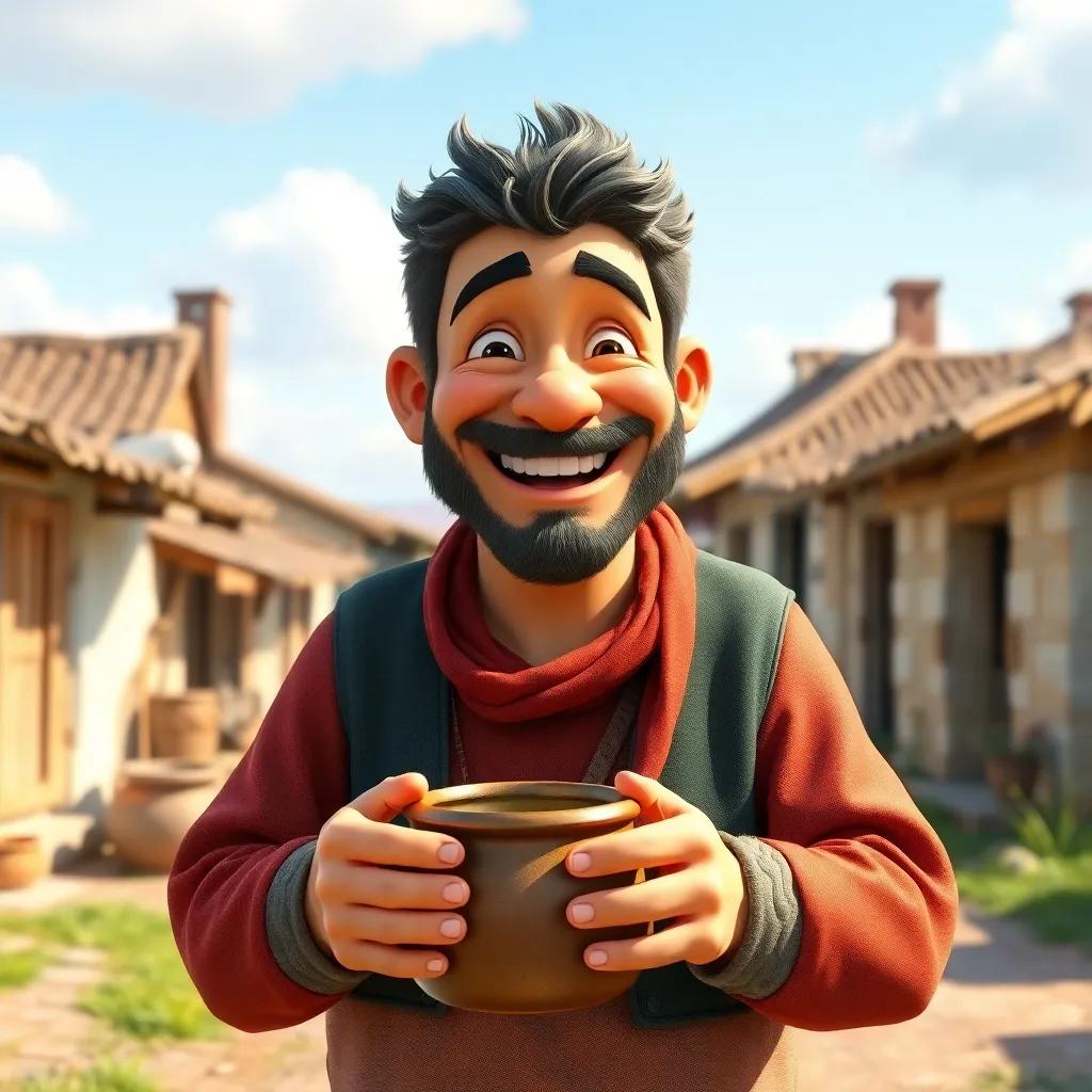 A cheerful man, Juha, with a big smile, wearing traditional clothes, in a small village with simple houses, holding a pot in his hands, bright colors, sunny day, inviting atmosphere, digital art, friendly and warm