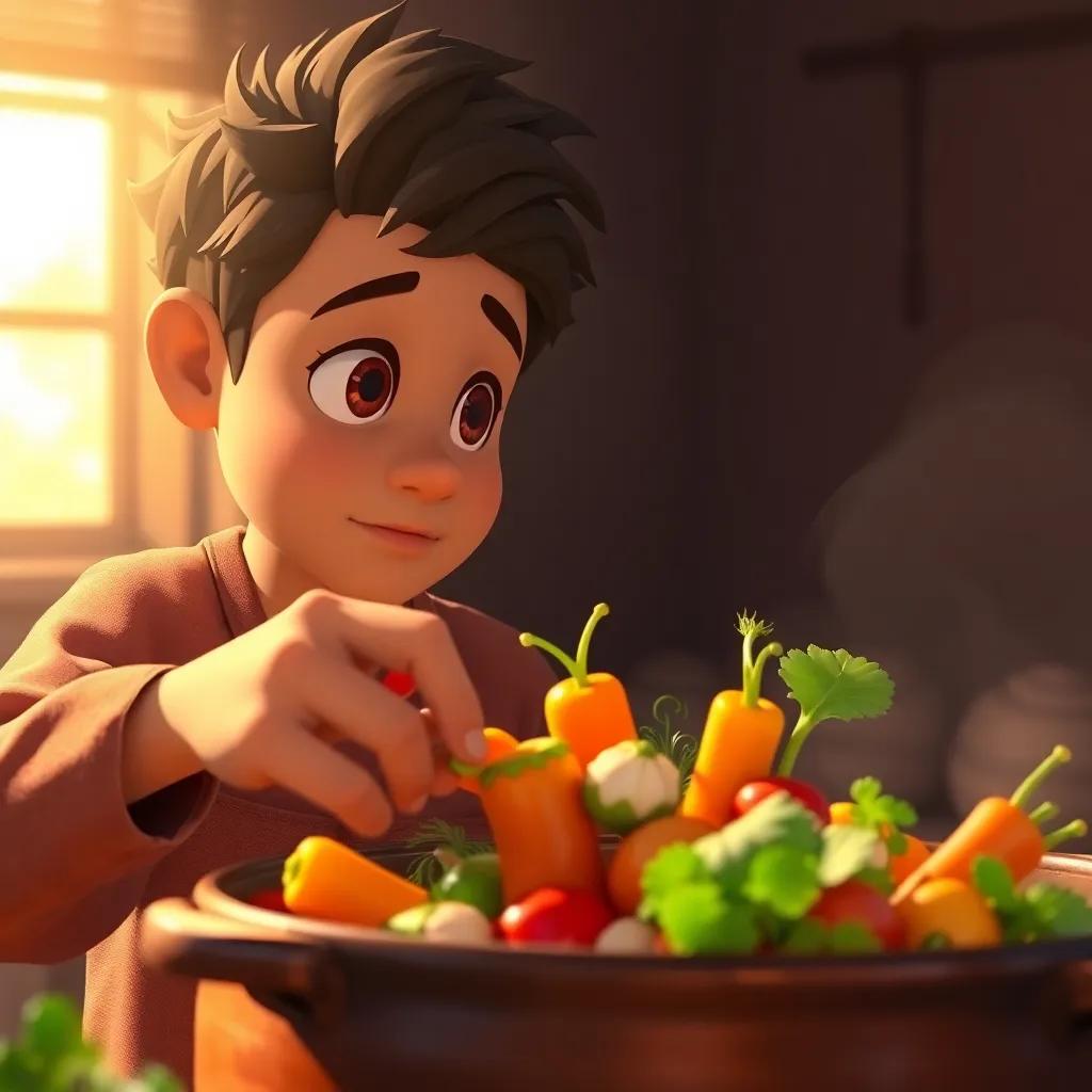 A close-up of Juha adding more vegetables into the pot, with a thoughtful look on his face, warm color scheme, sunlight streaming in, detailed, vibrant setting, storytelling view, child-friendly