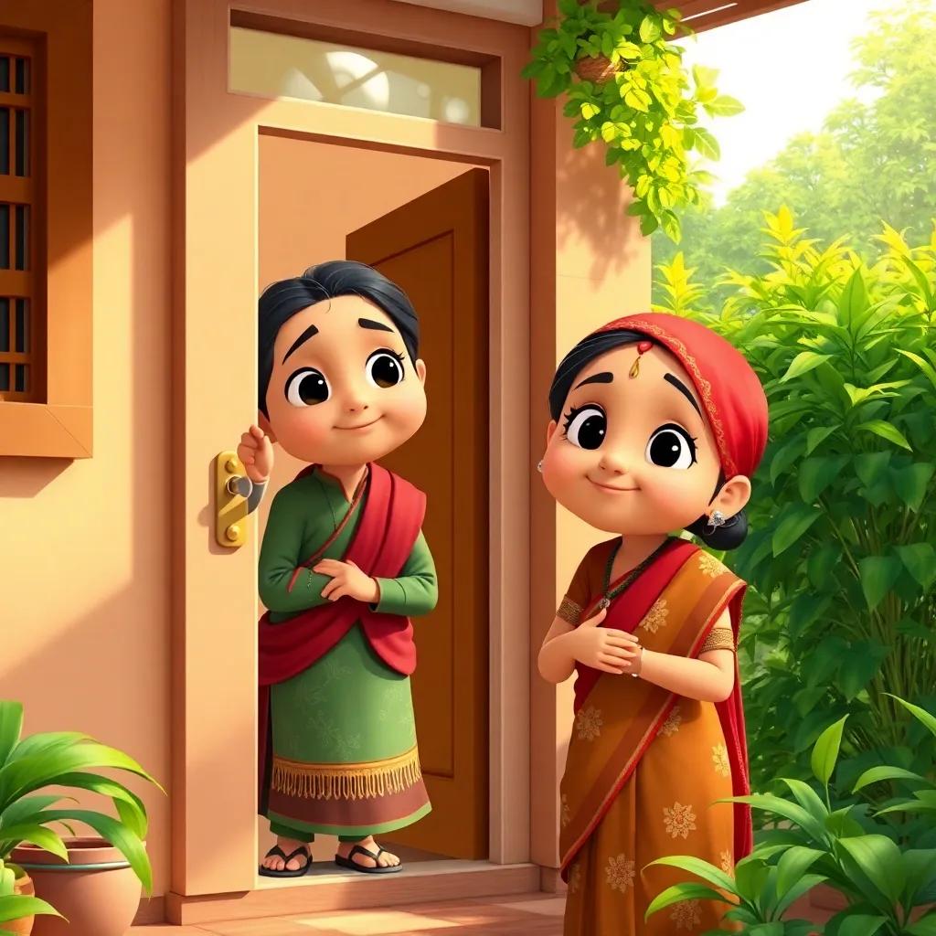 Juha's neighbor knocking on the door, with a curious expression, wearing traditional attire, lush greenery outside the house, bright colors, inviting atmosphere, illustration, friendly interaction