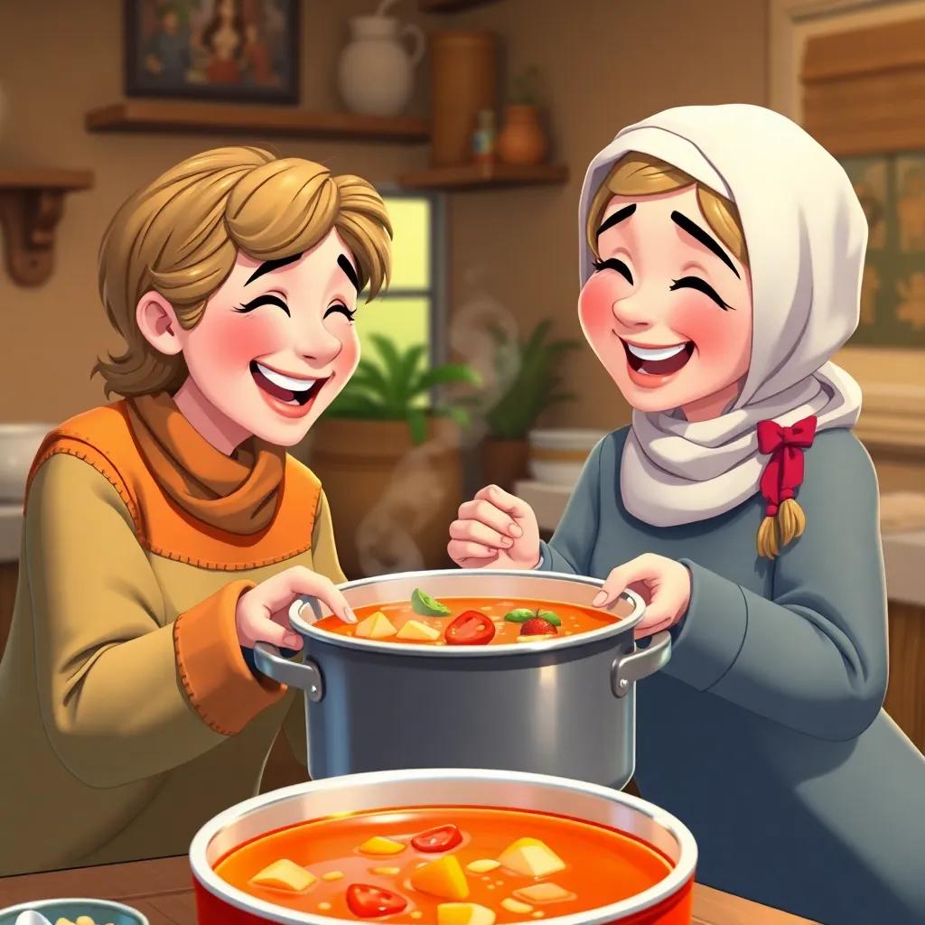 Juha and the neighbor laughing together over a pot of soup, sharing food with cheerful expressions, bright colors, cozy setting, heartwarming, detailed digital art