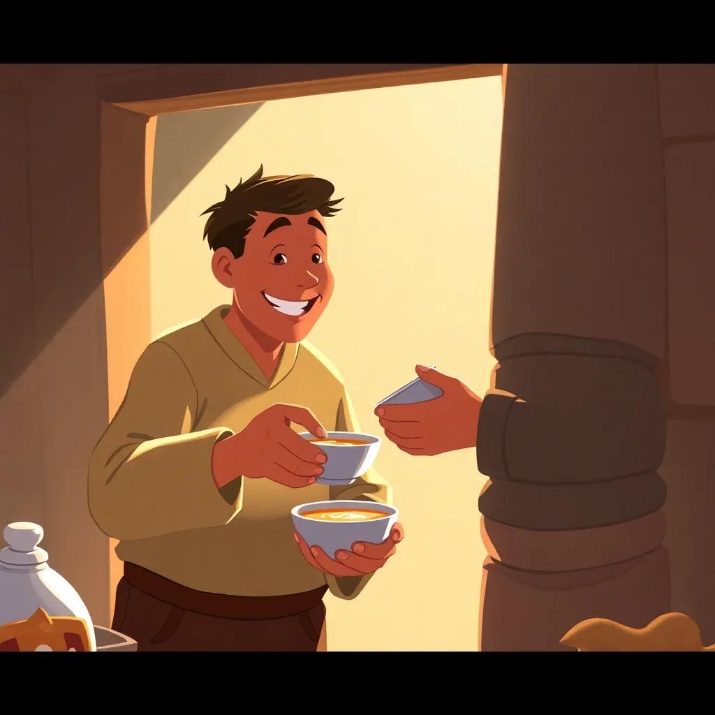 Juha pouring soup into a bowl and handing it to his neighbor, with smiles on both faces, warm light, friendly colors, joyous scene, digital painting
