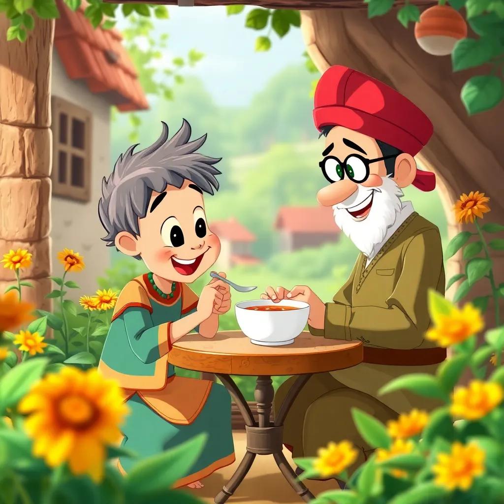 Juha and his neighbor enjoying soup together at a small table, surrounded by greenery, cheerful ambiance, vibrant colors, picturesque, storytelling view