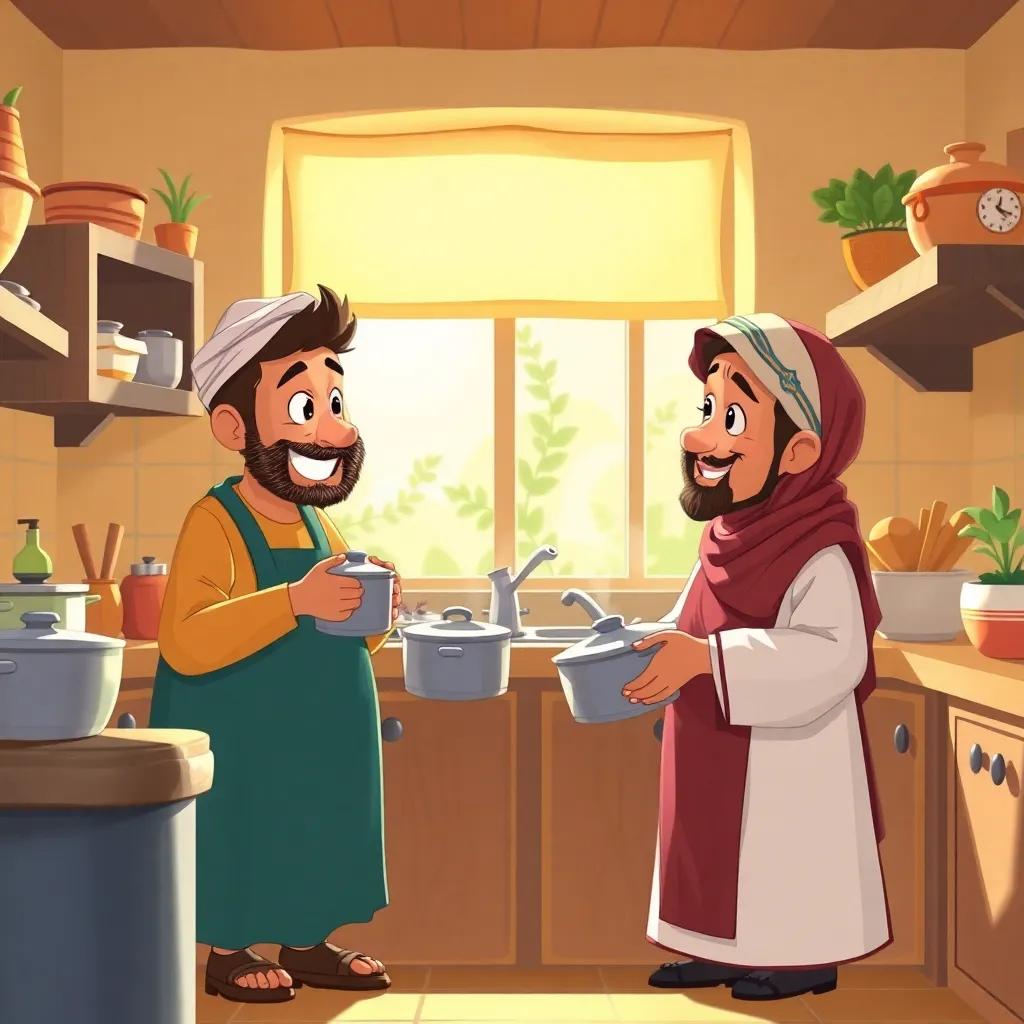 Lighthearted scene of Juha and his neighbor exchanging pots and talking, inside a lively kitchen, warm and inviting atmosphere, engaging setting, illustration, child-friendly