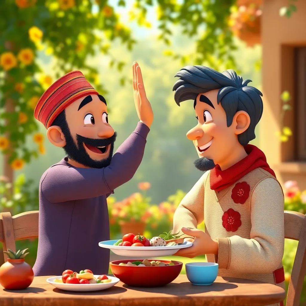 Juha and his neighbor high-fiving after sharing a meal, with a sunny garden background, bright colors, joyful expressions, storytelling moment, digital art