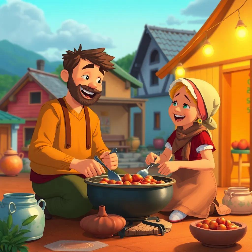Juha and his neighbor together in the village, cooking and laughing, a scene of friendship, warm light, colorful village, creating joyful memories, illustration, inviting atmosphere