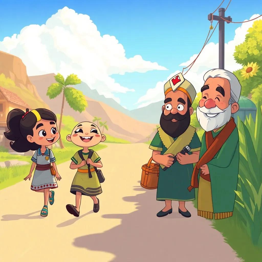 A cheerful scene of Juhha traveling with a judge and a merchant along a sunny road, looking happy and engaged, vibrant scenery, child-friendly, playful art style