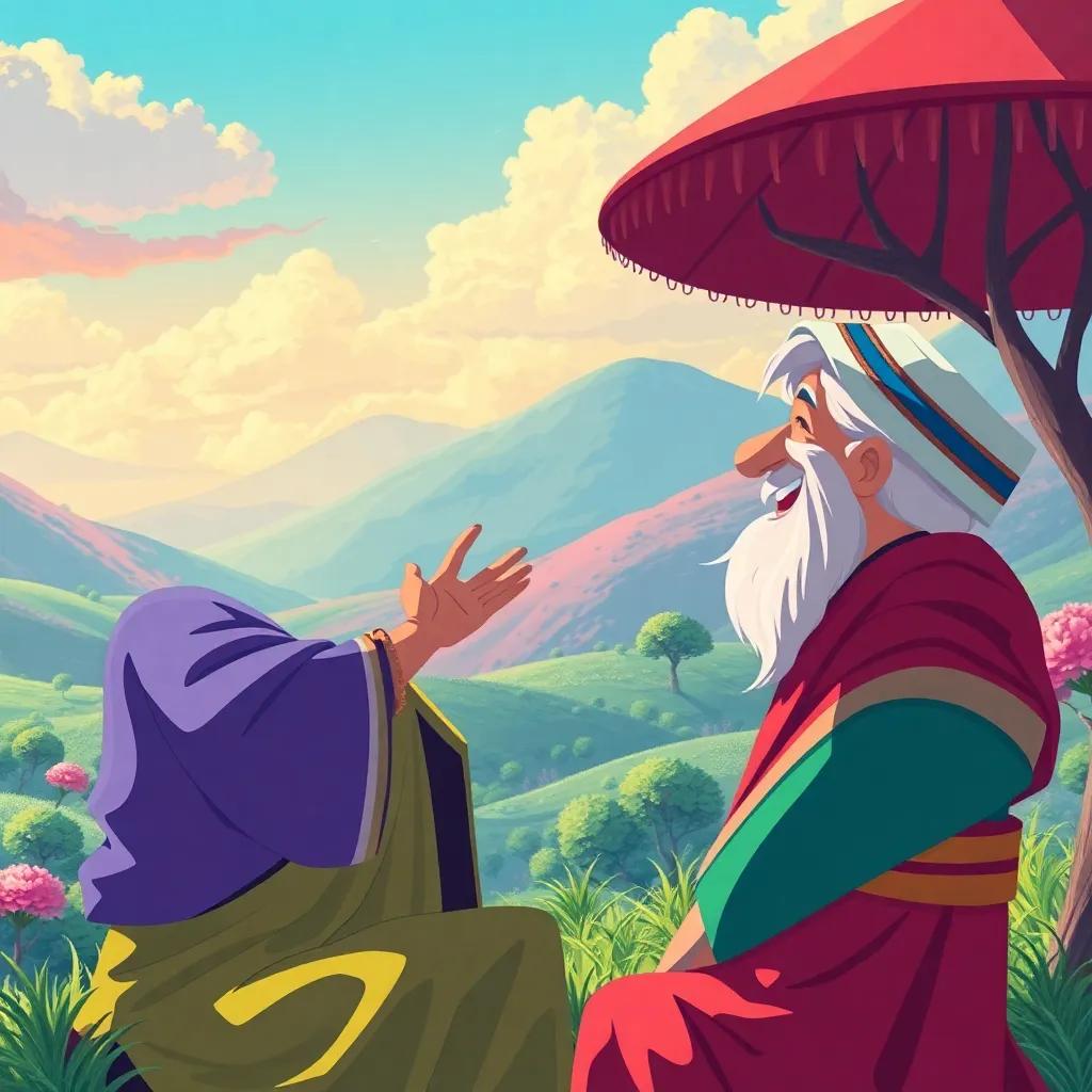 Juhha laughing while telling a story about mistakes, with the judge and merchant listening, a background of hills and trees, colorful and bright, joyful atmosphere