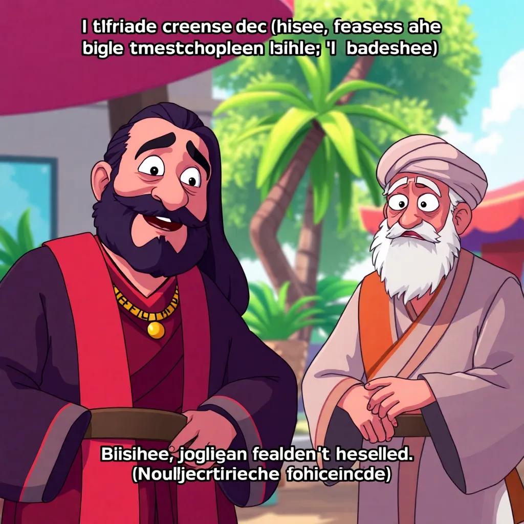 A humorous scene of Juhha recalling his mistakes, with animated expressions of the judge and merchant, in a lively outdoor setting, colorful and fun style