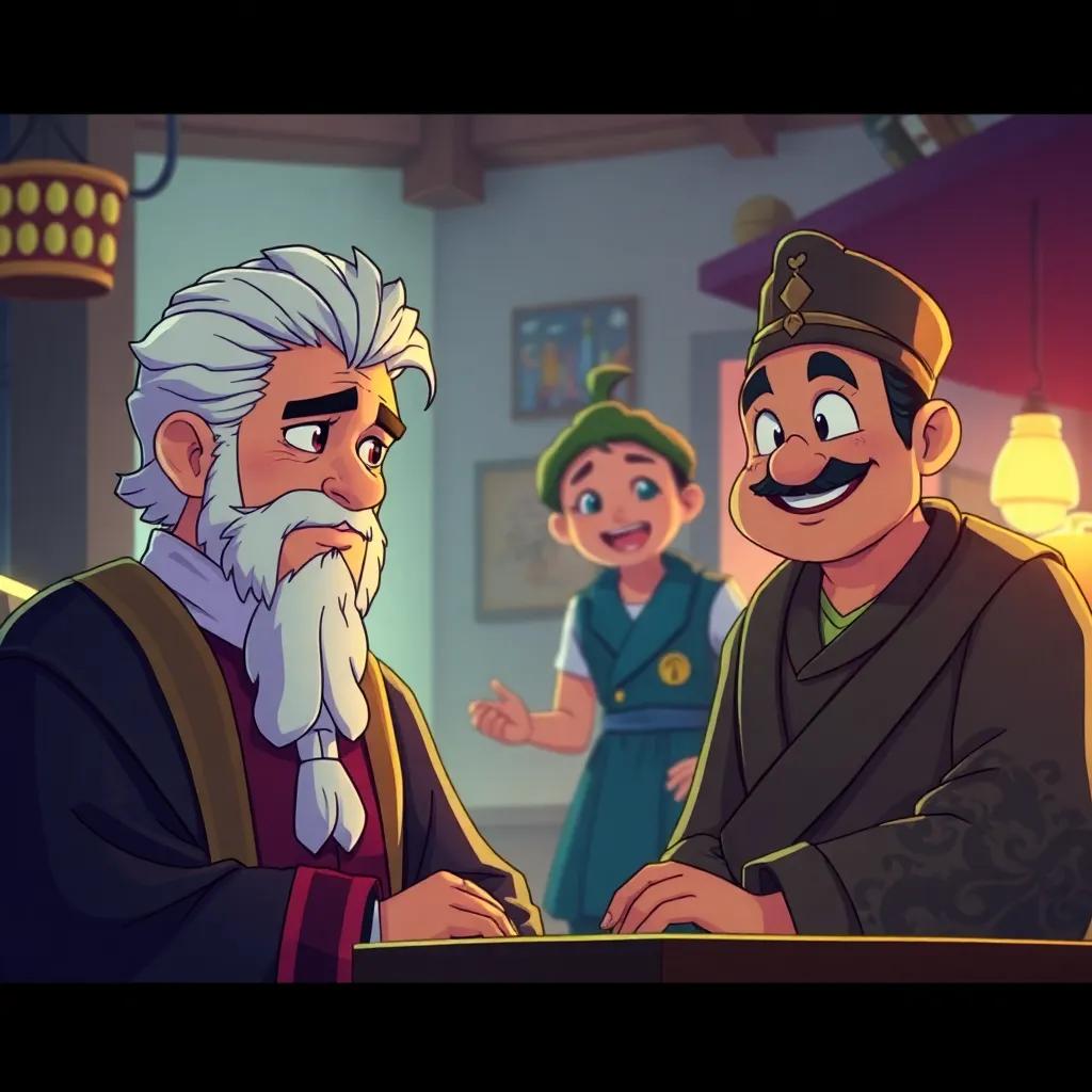 The judge looking thoughtful after realizing his mistakes, while Juhha maintains a warm smile, with the merchant interjecting playfully, wholesome environment