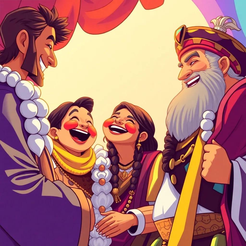 Juhha sharing another funny memory with the judge and merchant, all three sharing laughter together, depicting friendship and joy, bright colors and cheerful expressions