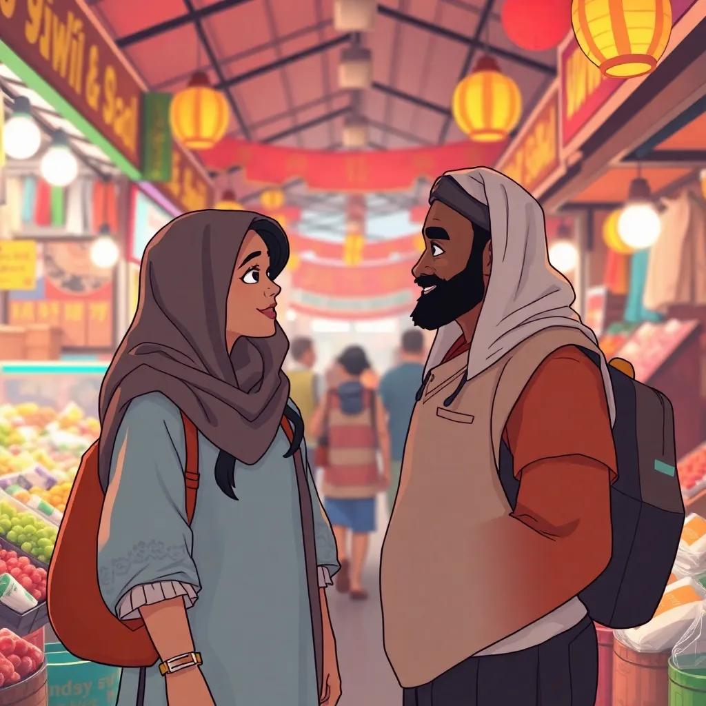 A warm interaction of Juhha and the merchant, discussing their experiences in a market setting, surrounded by colorful stalls, a light-hearted mood