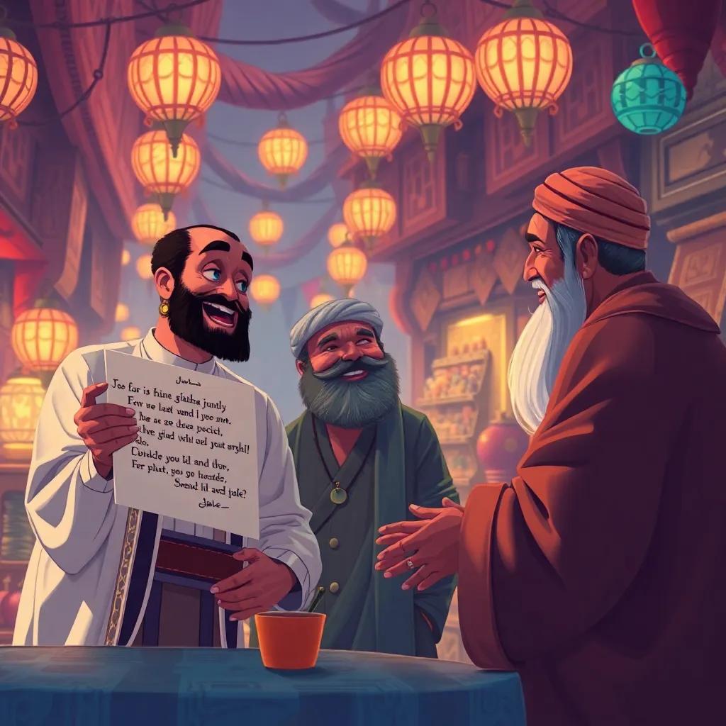 Juhha animatedly describing a funny mistake he made, while the judge and merchant laugh, a whimsical traditional bazaar in the background
