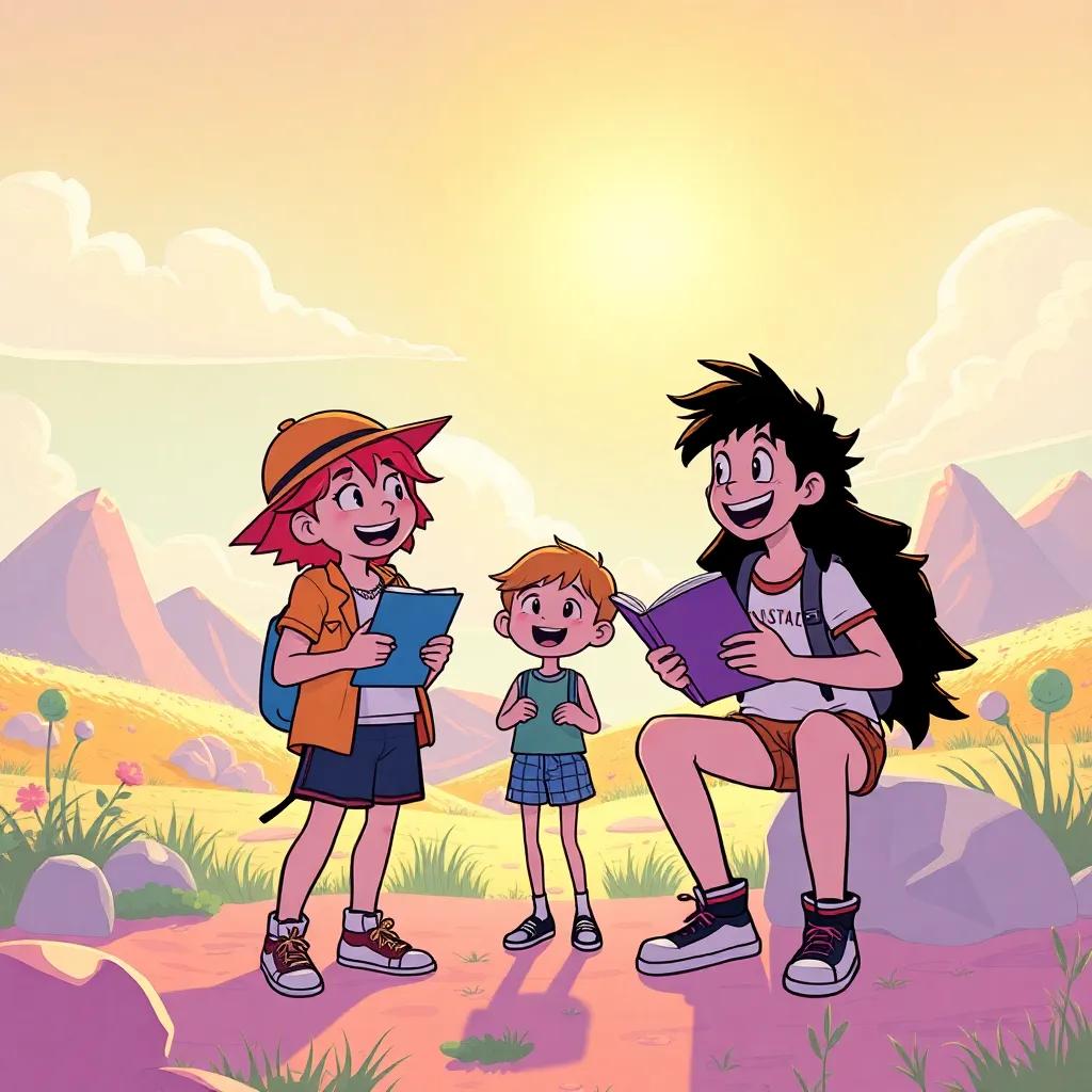 A lighthearted moment as the three characters share jokes and stories under a sunny sky, surrounded by a playful landscape, showcasing friendship and laughter