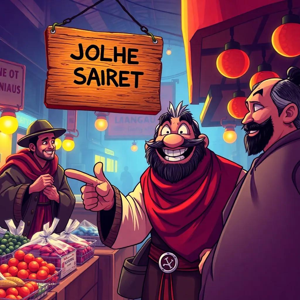 Juhha with a big grin, pointing to a humorous sign in the marketplace, while the judge and merchant chuckle, a vivid market scene, full of life and energy